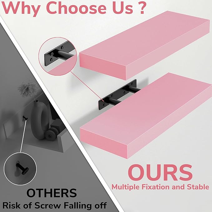 BAMEOS Pink Floating Shelves for Wall, 16" x 6" Wall Shelves for Room, Floating Book Shelves, Hanging Shelves for Bedroom, Bedroom, Living Room, Kitchen (Set of 2)