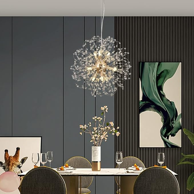 Modern Sputnik Chandeliers for Dining Room, Gold Dandelion Ceiling Hanging Lamp, Round Crystal Beaded Pendant Lights for Bedroom Living Room Farmhouse Kitchen Island (Gold 9Lights)