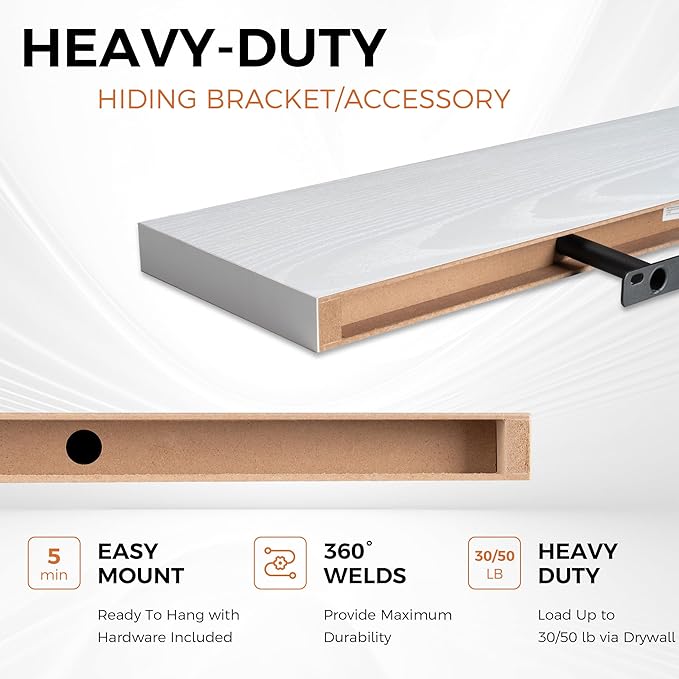 Floating Shelves for Wall, 40 Inch Floating Shelves for Home Decor, Wall Mounted Rustic Wood Shelves, Bathroom, Hanging Deep Shelf for Bedroom, Living Room, Kitchen (White, Set of 2)