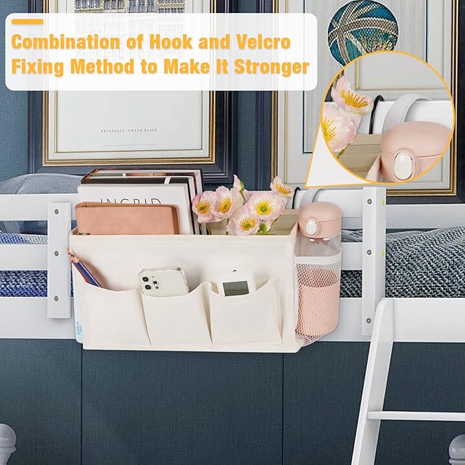 Bedside Caddy Organizer with Fixed Straps and Water Bottle Holder for Home, College Dorm, Hospital, Crib and Bunk Bed (2pcs White)