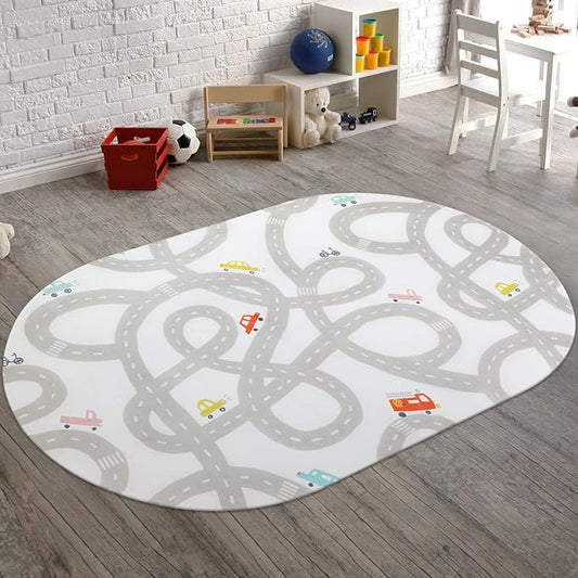 STARUIA Road Traffic Kids Rug Children Playing with Cars Playmat 3x5 Ft, Washable Play Carpet for Kids Playroom, Non-Slip Have Fun Safe Baby Nursery Rug for Toddler Boy's Bedroom Game Room Grey