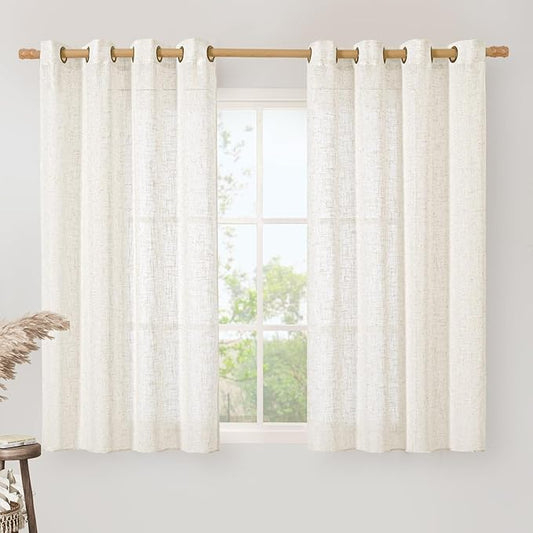 LAMIT Linen Semi Sheer Curtains 45 Inch Length, Cream Light Filtering Short Linen Neutral Decorative Window Curtains with Bronze Grommet for Bedroom/Farmhouse, 2 Panels Set, 52 x 45 Inch