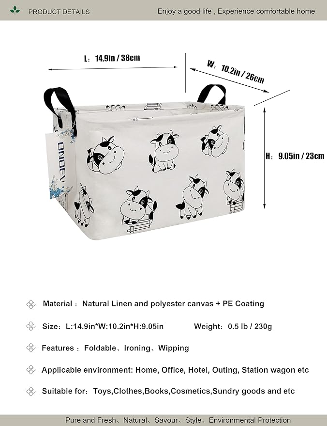 Rectangular Folding Laundry Basket,Canvas Basket,Nersury Hamper,Suitable for Children,Office,Bedroom,Clothes,Toys Storage (REC Cow), 14.9’’L ×10.2’’W×9.05’’H inches