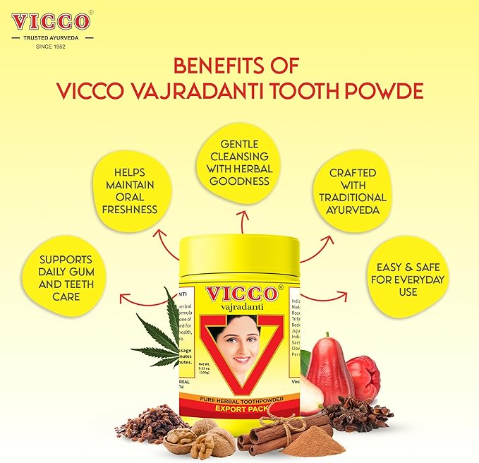 Vicco Vajradanti Herbal Tooth Powder, Classic Ayurvedic Blend with 18 Herbs & Barks, 3.53 oz (Pack of 3)