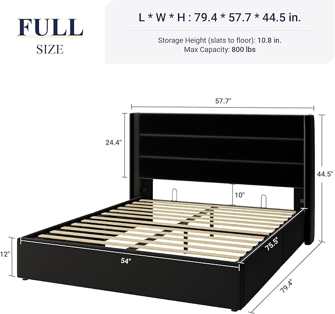 Allewie Full Size Velvet Lift Up Storage Bed, Modern Wingback Headboard, Hydraulic Support, No Box Spring Needed, Black