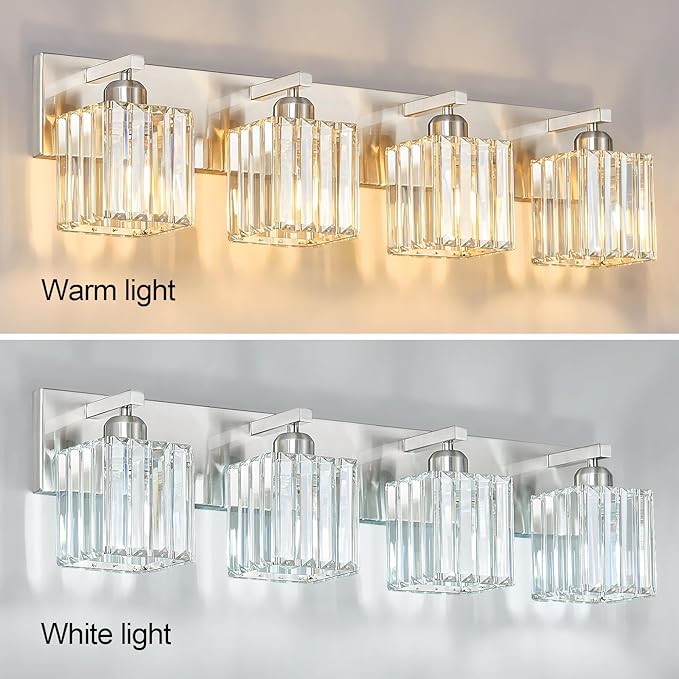 Modern Vanity Light 4-Lights Brushed Nickel Vanity Light Crystal Bathroom Wall Light Bathroom Light Fixtures