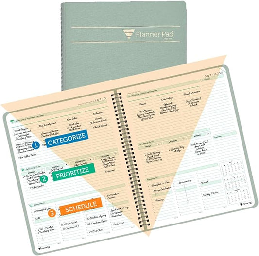 Planner Pad Spiral Bound 3-Tier Funnel Down 12 Month Organizer, July 2025 – June 2026 / Academic Year, Greenish Grey Cover/Soft Green Ink, 8 1/2" x 11"