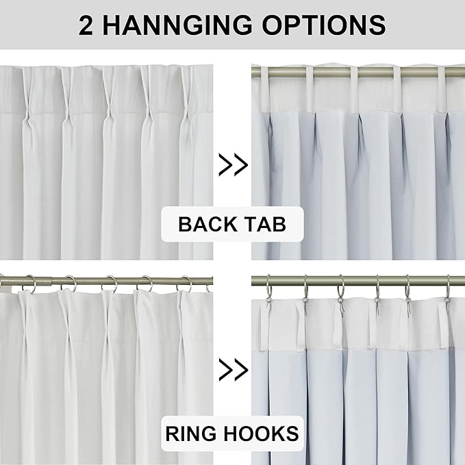 Vision Home White Pinch Pleated Full Blackout Curtains 60 inch Wide Thermal Insulated Window Curtains for Living Room Bedroom Room Darkening Pinch Pleat Drapes with Hooks Back Tab 1 Panel 60" Wx72 L