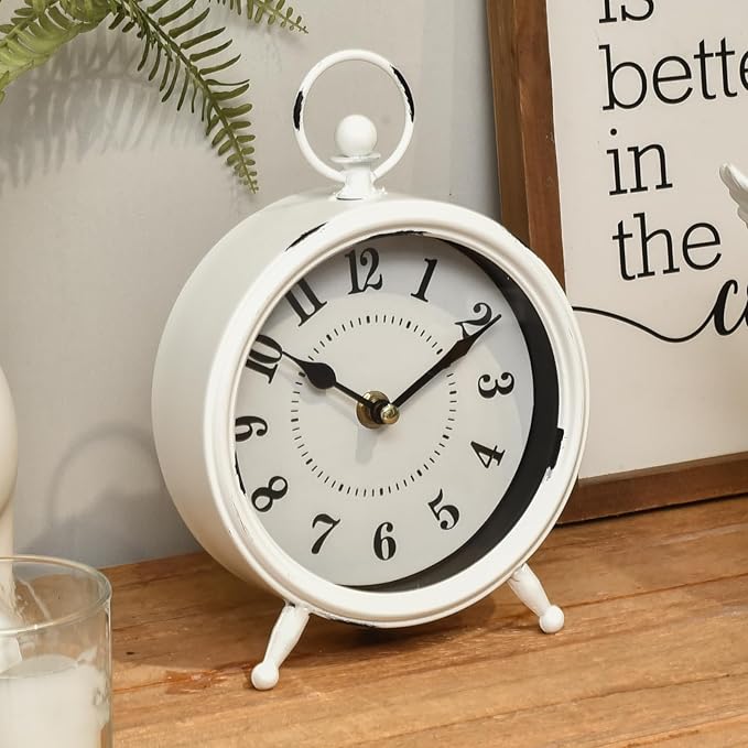 Small white table clock Vintage Rustic White Table Clock on Stand, Decorative Desk and Shelf Clock Farmhouse Mantel Clock Rustic Non-Ticking Clock