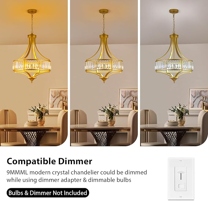 Modern Gold Crystal Chandelier, 20 Inch Large Ceiling Pendant Light Fixture with 50'' Adjustable Hanging Chain, 5-Light Farmhouse Chandelier for Dining Room, Living Room, Bedroom, Entryway