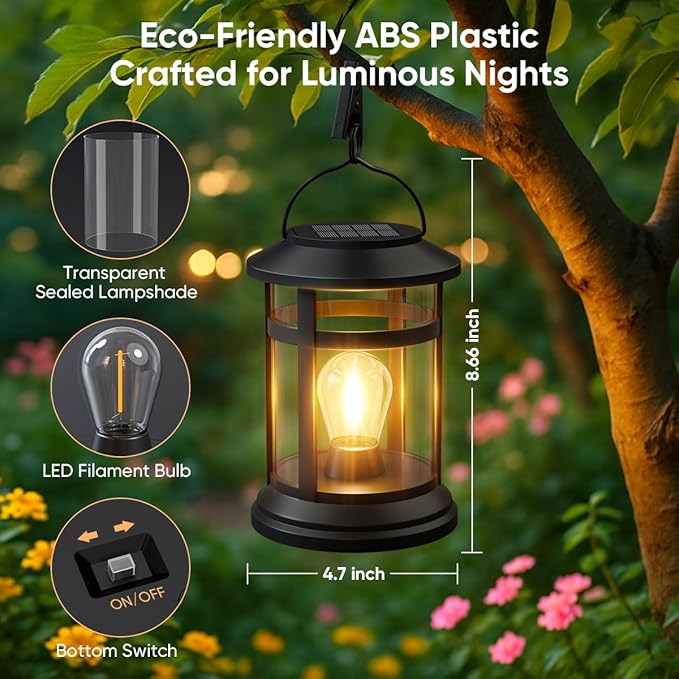 Solar Lanterns Outdoor Waterproof: 4 Pack Hanging Solar Lights for Outside Patio Porch Garden Tabletop Decor - Bright LED Warm White Solar Powered Lighting - 2025 Gardening Lovers Mom Gifts