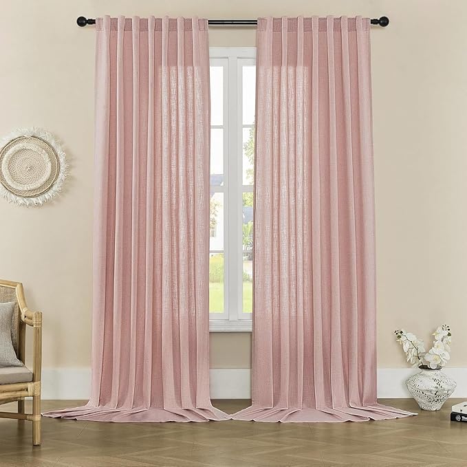 Joydeco Linen Curtains for Living Room,Light Filtering Rod Pocket Back Tab Semi Sheer Drapes Window Long Curtains 108 inches Long Sheer Bliss