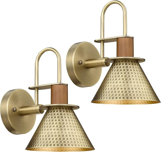 Industrial Wall Sconces Set of Two, HWH Indoor Wall Light Fixtures Gooseneck Barn Light, Single Wall Vanity Lamp for Bedroom Bedside Kitchen, Hammered Metal Shade, Antique Brass Finish, 5HZG74B-2L BG