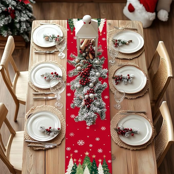 GEEORY Christmas Table Runner 13x108 Inch, Xmas Trees Snowflakes Holiday Decorative Farmhouse Table Decoration for Kitchen Dinning, Indoor Outdoor Dinner Party Decor (Red) GT150-108