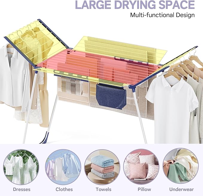 APEXCHASER Clothes Drying Rack Foldable, Drying Rack Clothing Large Space, Winged Laundry Rack with Sock Clips for Hanging Towels Clothes Dress Bedding Indoor Outdoor, White
