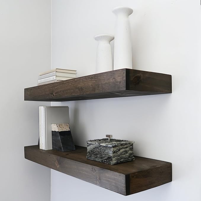 Modern Floating Shelves 3 Inches Thick for Wall, Wide Shelves for Kitchen, Living Room, Bedroom, and Bathroom, Natural Pine Wood, Rustic Wooden Shelf, (Set of 2) (Jacobean, 36Lx3Hx8D)