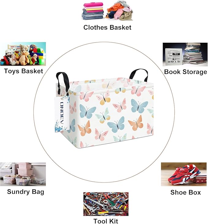 Rectangular Folding Laundry Basket,waterproof Canvas Basket,gift basket,Suitable for children's room,Office,Clothes,Toys Storage(Colorful butterfly)