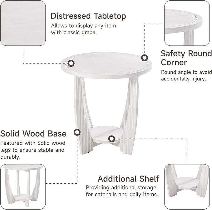 Rustic Farmhouse end Table with Storage Shelf, French Country Accent Side Table for Family, Dinning or Living Room, Small Spaces, Modern, Round, White