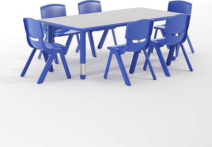 EMMA + OLIVER 23.625" W x 47.25" L Blue Plastic Activity Table Set-6 Chairs