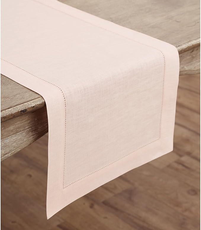 Solino Home Linen Pink Table Runner 72 Inches Long - 100% Pure Linen Hemstitch Table Runner 14 x 72 Inch for Dresser, Dining and Halloween - Classic Hemstitch