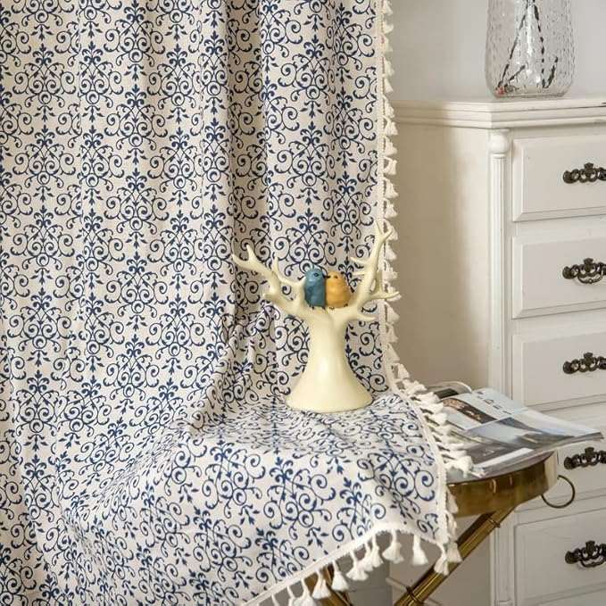 Sutuo Home Boho Curtain 84 Inches Length Semi-Blackout Bohemian Damask Moroccan Florals Print Darkening Curtains Tassels, Rod Pocket Window Treatment Drapes for Bedroom, 1 Panel 59" W x 84" L, Blue