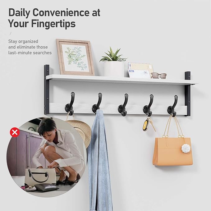 Tatub 29" Coat Rack Wall Mount with Shelf, Entryway Wall Hooks with Shelf, Coat Hangers for Bathroom, Living Room, Bedroom, Rustic White
