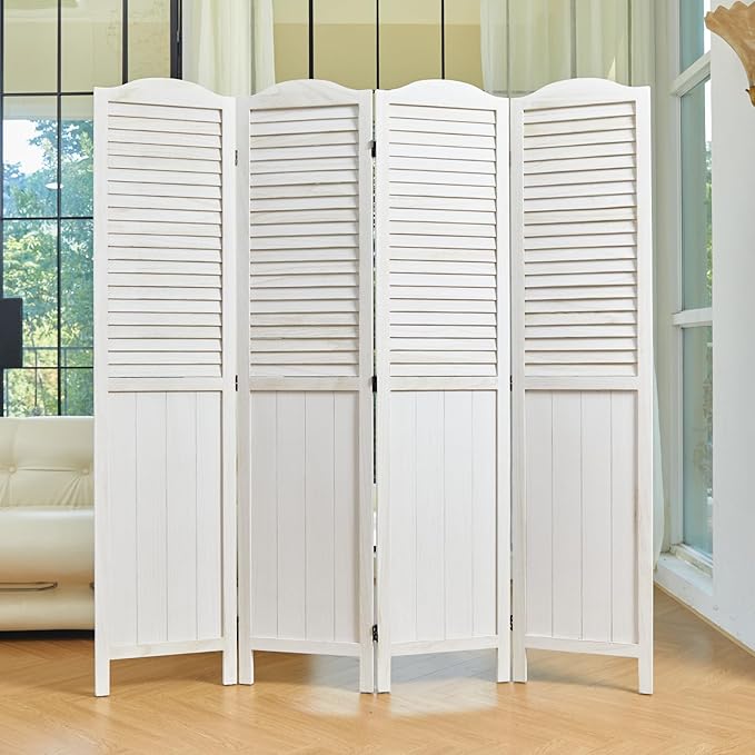 Room Partitions and Dividers, 68.9 Inch Temporary Wall with Double Hinges, Wooden Louver & MDF Stable Screens for Home Office Bedroom Coffeehouse Decoration (4 Panels, White-Washed)