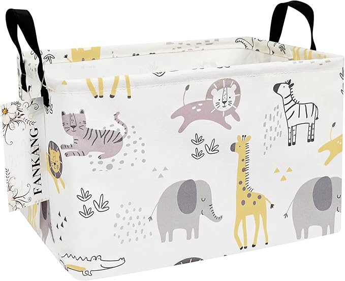 FANKANG Storage Bins, Nursery Hamper Canvas Laundry Basket Foldable with Waterproof PE Coating Large Storage Baskets for Kids Boys and Girls, Office, Bedroom, Clothes,Toys(Rec-Lovely Animals ）