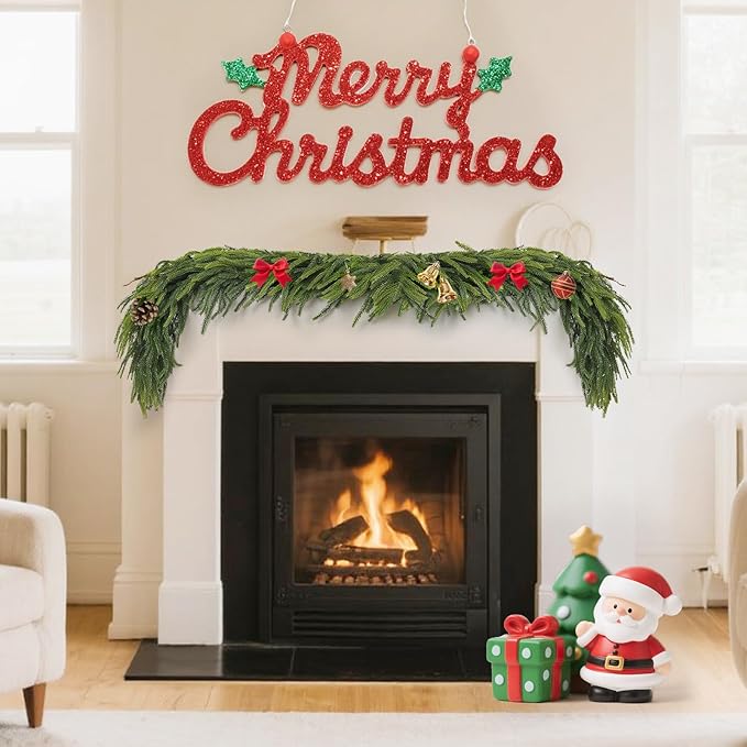 Christmas Decorations – 6FT Artificial Norfolk Pine Greenery Garland, Real Touch Christmas Garland for Mantel, Staircase, Fireplace, Front Door, Indoor & Outdoor Holiday Decor (1, 6FT)