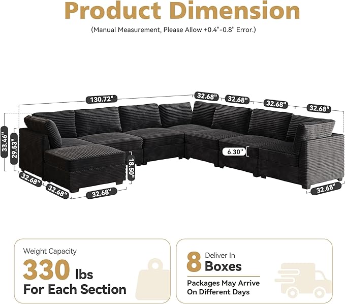 Modular Sectional Sofa with Chaise U Shaped Sectional Couch for Living Room, 8-Seater Comfy Cloud Couches with One Movable Ottoman, Plush Corduroy, Black