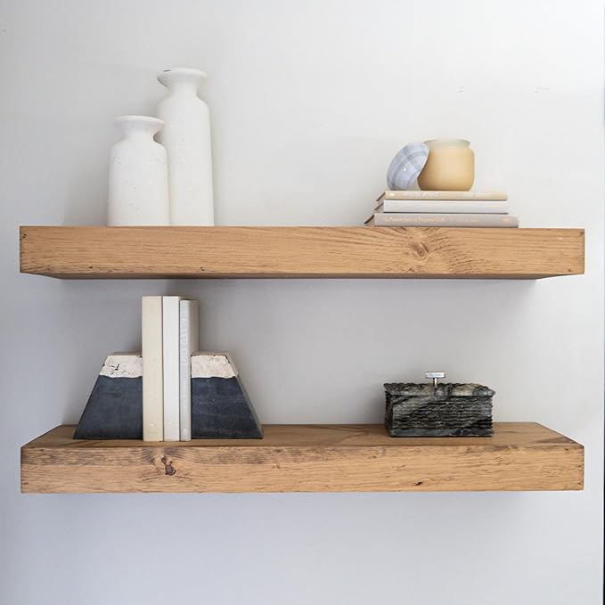 Modern Floating Shelves 3 Inches Thick for Wall, Wide Shelves for Kitchen, Living Room, Bedroom, and Bathroom, Natural Pine Wood, Rustic Wooden Shelf, (Set of 2) (Aged Oak, 24Lx3Hx6D)