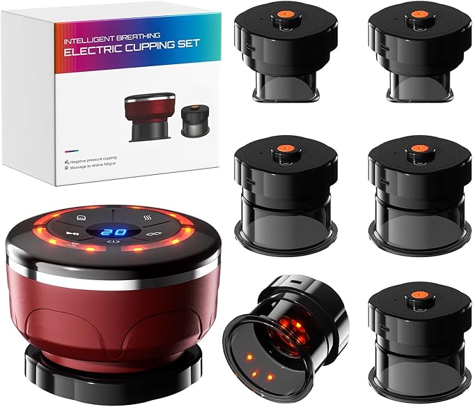 UBALANCE Smart Cupping Therapy Set - Cellulite Massager with 6 Massage Cups, Portable Electric Device for Enhanced Blood Circulation, Reduced Cellulite, and Muscle Soreness Relief（Red）