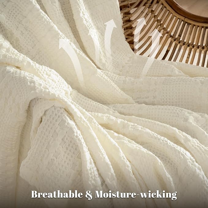 PHF 100% Cotton Waffle Weave Blanket Queen Size, Soft Lightweight Breathable Cozy Summer Blankets for Bed, Luxury Aesthetic Woven Bedding for Home Decor, 90"x90", Cannoli Cream