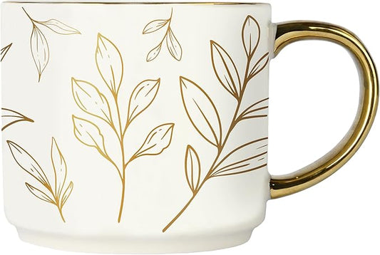 Sweet Water Decor Gold Leaves Mug with Gold Handle, 14oz Fine Bone China Coffee Cup for Tea, Latte, or Hot Cider, Autumn Leaf Drinkware, Fall Decorations for Kitchen, Gift for Mom, Sister & Wife