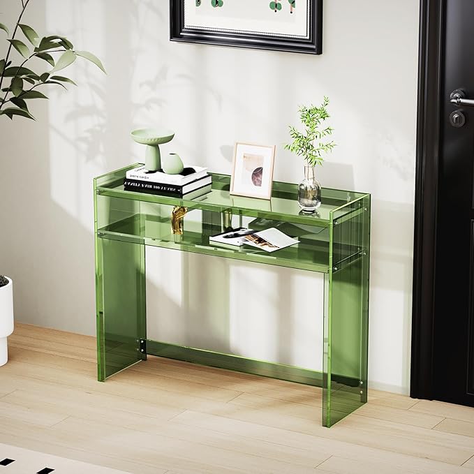 Acrylic Console Table, Entryway Table with Storage Shelves (Green)