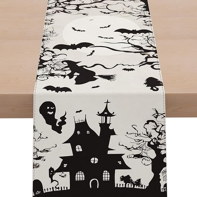 Halloween Table Runner,72 Inches Spooky Haunted House Bats Tree Ghost Witch Table Runner for Halloween, Table Decoration/Party Dinner Table Decor,Kitchen,Mantel,Bedroom Decoration