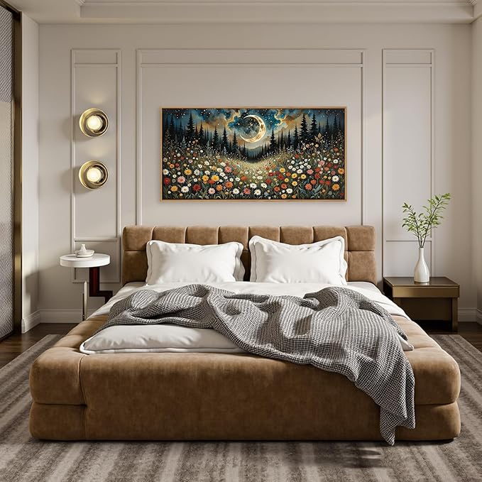 HPINUB Wildflower Moon Pine Tree Framed Canvas Wall Art Set,Nature Forest Wall Decor,Mystical Starry Night Artwork Rustic Mountain Landscape Art Print for Living Room,Bedroom,Office-20 x40