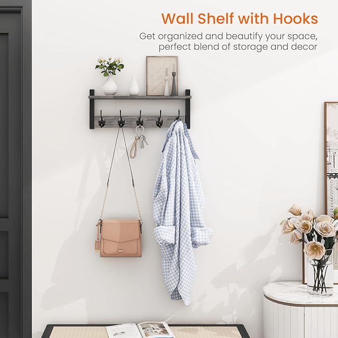 Homode Wall Hooks with Shelf, Coat Rack Wall Mount, Entryway Shelf with Hooks for Clothes, Backpack, Key, Purse - Rustic Grey
