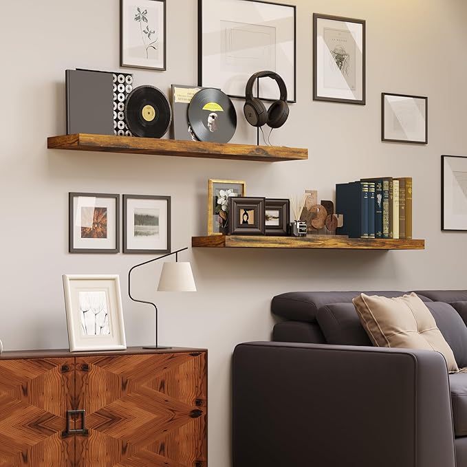 BAMEOS Floating Shelves, 31W x 7D Rustic Brown Wall Mounted Wooden Shelves with Invisible Brackets Set of 2, Hanging Wall Shelves Decoration for Bedroom, Bathroom, Living Room and Kitchen