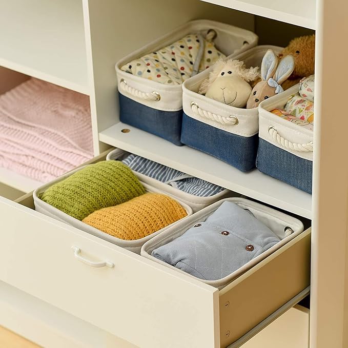 TcaFmac Organization and Storage Cubes - 12x8x5.2 inch Small 6 Pack Collapsible Storage Bins for Sheves, Fabric Storage Basket for Gifts Empty for Closet Cloth Toy Kids Books(White & Jean Blue)