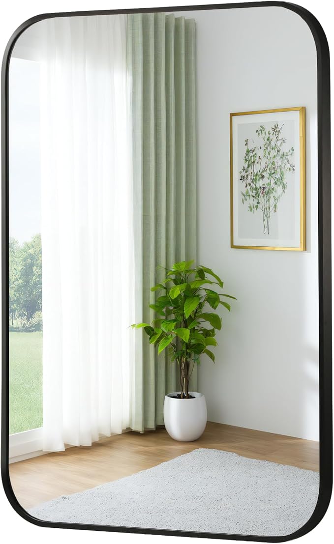 FARMER 22x30 Inch Black Bathroom Mirror, Rectangle Vanity Mirror, Brushed Mirrors for Wall, Metal Frame Hanging Mirror with Round Corner for Bedrooms, Entryways, Living Rooms, Horizontal/Vertical