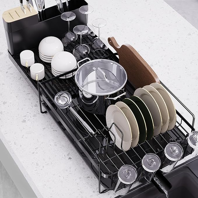 Runnatal Large Dish Drying Rack with Drainboard Set, Dish Rack, Extendable Dish Rack, Utensil Holder, Cup Holder, Expandable Dish Drainer for Kitchen Counter
