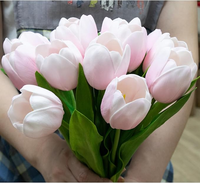 Buart Artificial Tulip in Bulk for Home Kitchen Wedding Bridal Bouquet,Fake Flowers for Valentine's Day Mother's Day Easter Table Centerpieces Decorations(Large Size,Pink,Real-Touch,12pcs)
