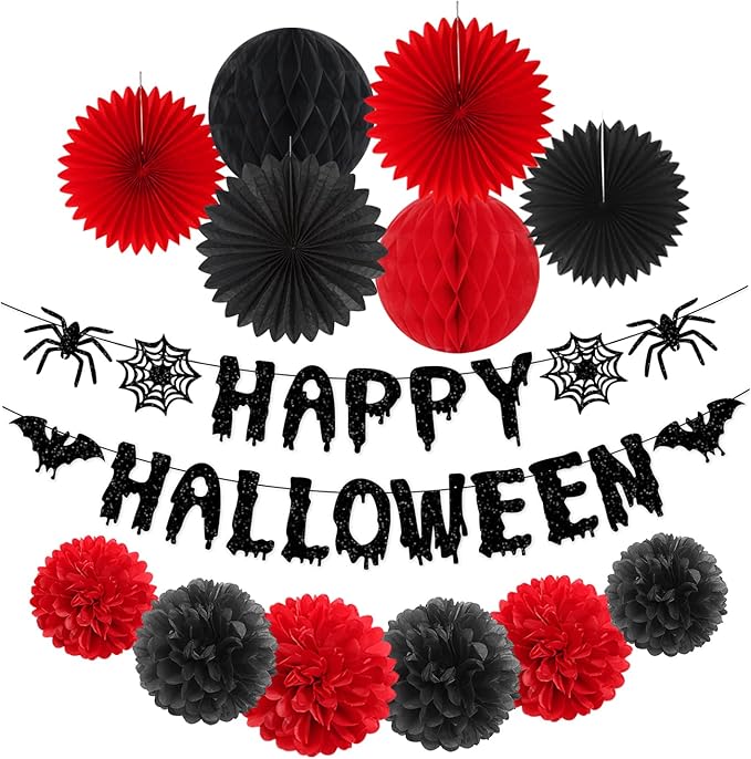Red Black Happy-Halloween Party Decorations - 13PCS Spider Web Bats Streamers Banner ,Paper Flowers Lanterns Tissue Pom Poms Fans, Classroom Birthday Bachelorette Hanging Supplies Decor Hugfond