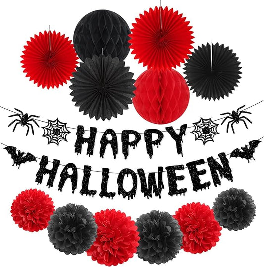 Red Black Happy-Halloween Party Decorations - 13PCS Spider Web Bats Streamers Banner ,Paper Flowers Lanterns Tissue Pom Poms Fans, Classroom Birthday Bachelorette Hanging Supplies Decor Hugfond