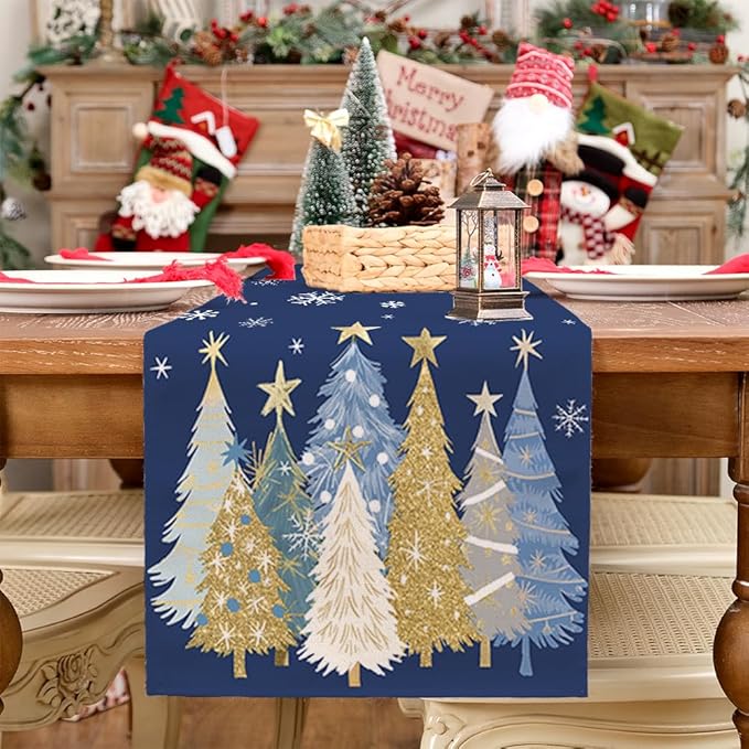 GEEORY Christmas Table Runner 13x72 Inch, Xmas Trees Snowflakes Holiday Decorative Farmhouse Table Decoration for Kitchen Dinning, Indoor Outdoor Dinner Party Decor (Blue) GT151-72