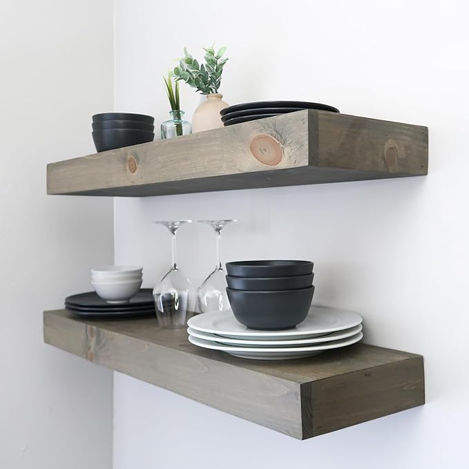 Modern Floating Shelves 3 Inches Thick for Wall, Wide Shelves for Kitchen, Living Room, Bedroom, and Bathroom, Natural Pine Wood, Rustic Wooden Shelf, (Set of 2) (Aged Barrel, 60Lx3Hx6D)