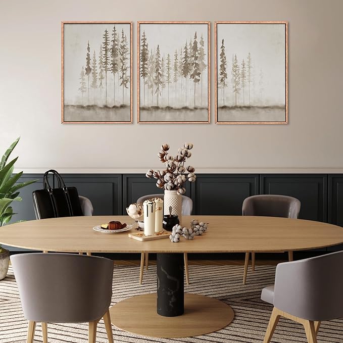 HPINUB Misty Forest Framed Canvas Wall Art Set, Foggy Pine Tree Wall Decor, Pastel Nature Landscape Wall Painting, Evergreen Coniferous Plant Art Print for Living Room, Bedroom, Office-24 x36 x3