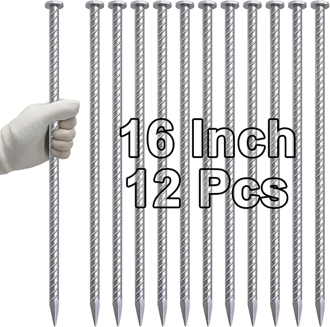 VVOKGO 16 Inch Rebar Stakes Metal Asphalt Anchoring Spikes Ground (12pcs), 1/2 Inch Diameter Galvanized Landscape Anchors Heavy Duty for Speed Bump, Handicap Threshold Ramps, Parking Limits Curb, Tarp