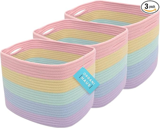 OrganiHaus Set of 3 Rainbow Woven Storage Baskets for Organizing, Cotton Rope Organizer Bins for Shelves, Closet & Nursery, Dog Toy Basket, Decorative Bins for Toys, Towels & Books - 15x10x9